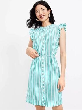 Loft Petite Ruffle Tie Waist Shirtdress In Green Stripe Size LP